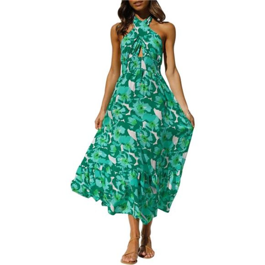 Crossover Halter Neck Sleeveless Plaid Cut Out Backless Flowy A Line Maxi Dress
